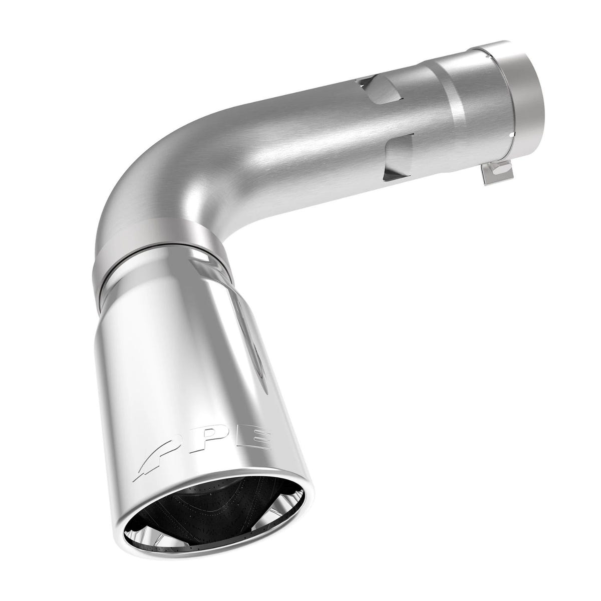 PPE polished stainless steel Duramax exhaust turn-out pipe rear side view