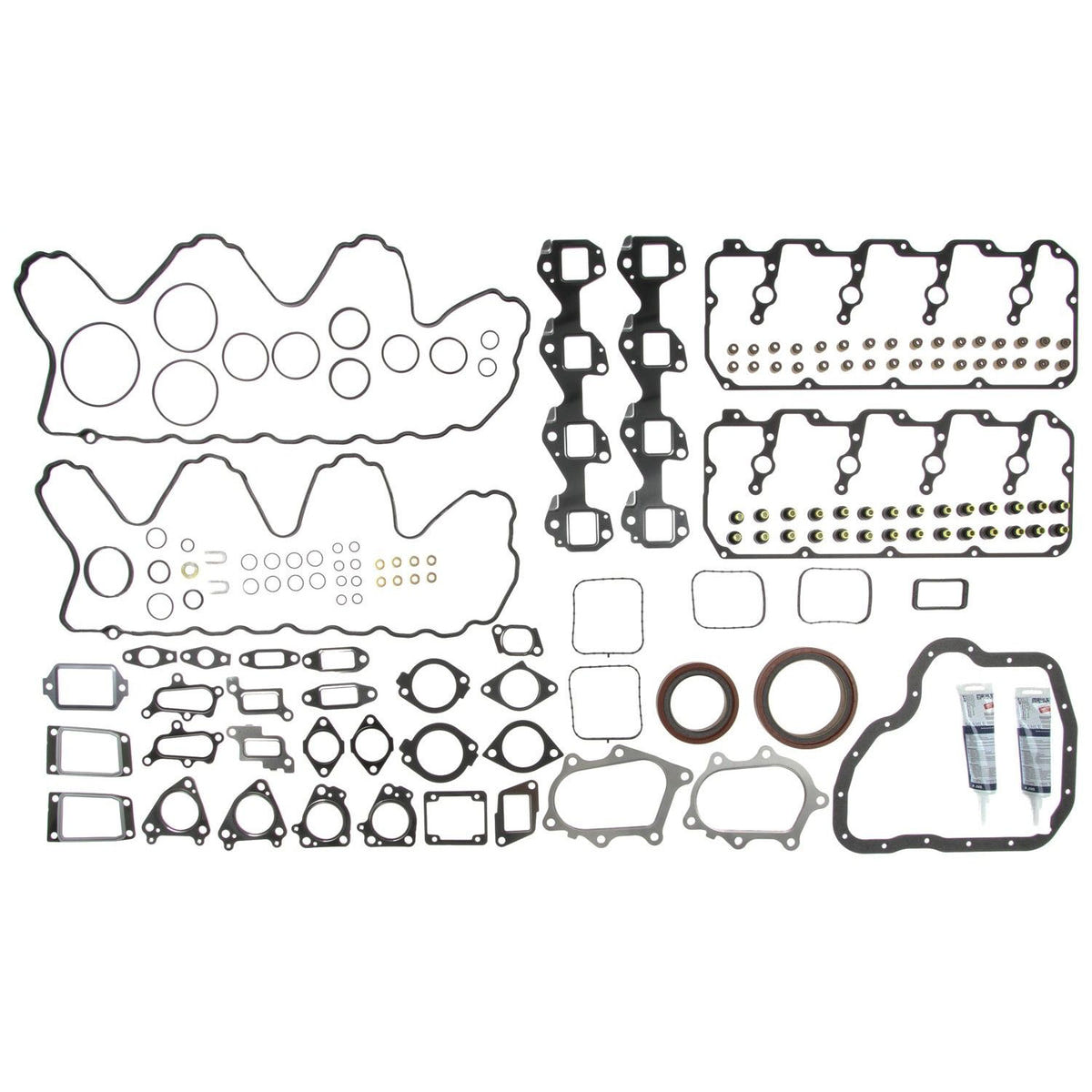 Collection of automotive gaskets and seals on a white background