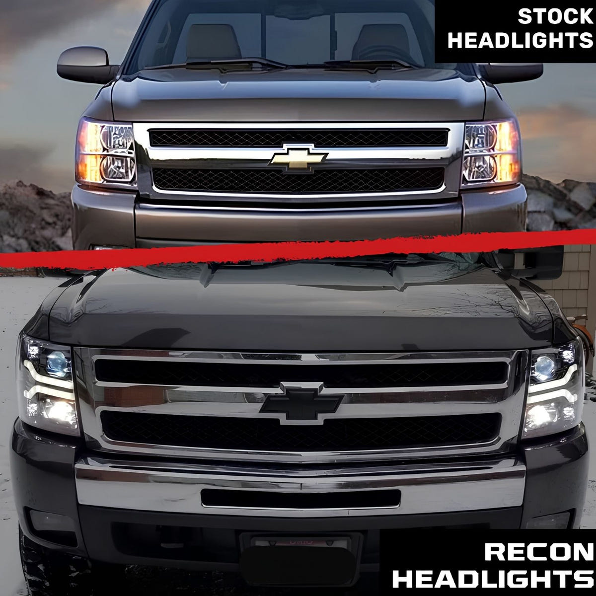 RECON Projector Headlights with OLED Halos for 2007-2013 Chevy Silverado Stock and Upgrade