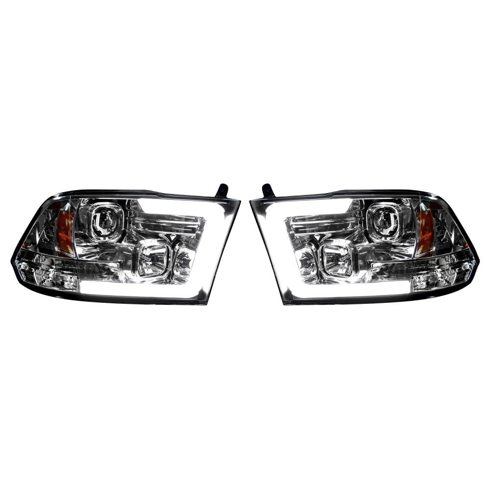 RECON Clear and Chrome Projector Headlights with OLED Halos for 10-18 Dodge Ram