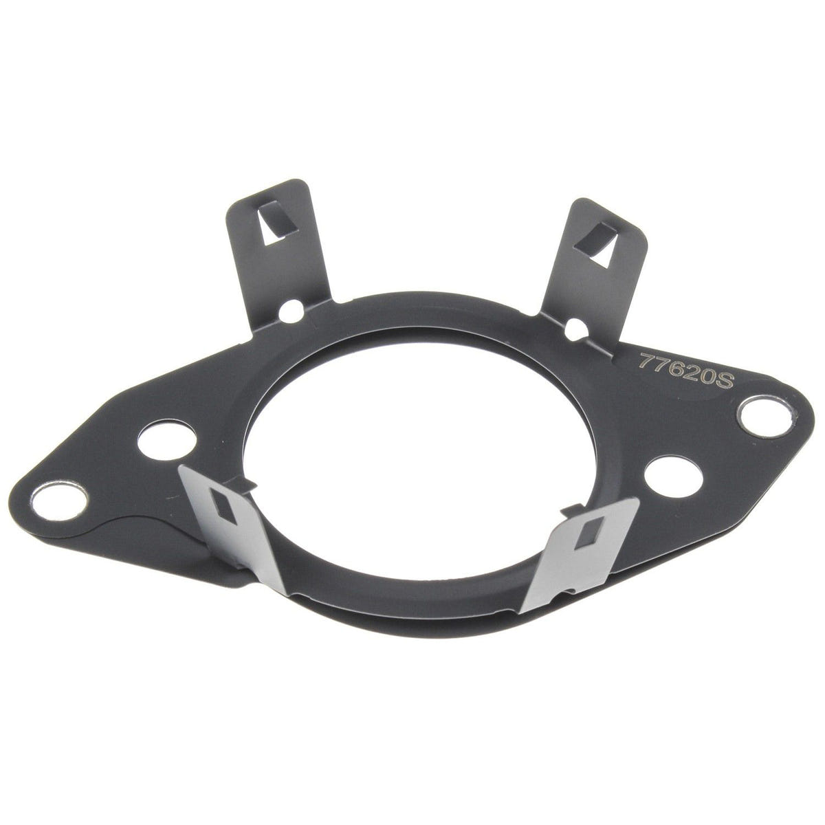 Black metal flange with multiple holes on a white background