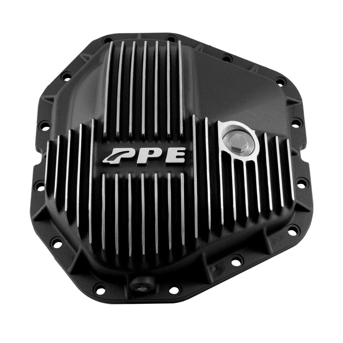 Brushed aluminum finish Ford Super Duty Dana M300 diff cover with cooling fins close-up