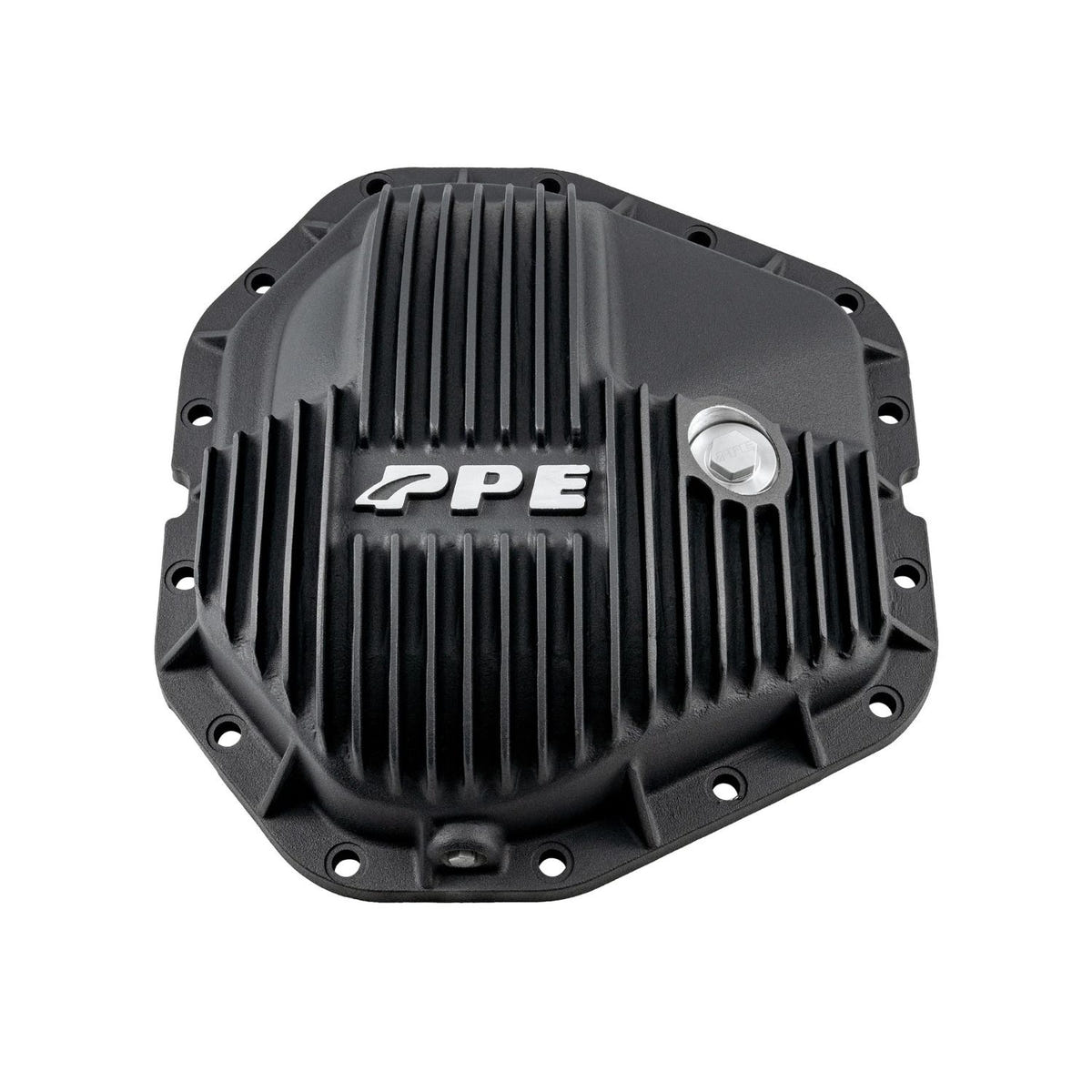 Black finish Ford Super Duty Dana M300 aluminum differential cover installed on truck axle