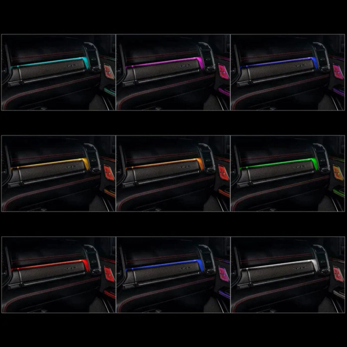 Close up RAM 1500 interior ambient lighting kit installed showing RGB color glow across dash panels and vents