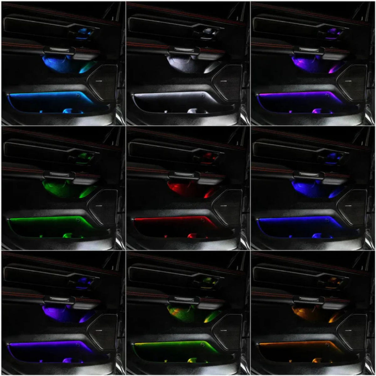 RAM truck interior nighttime view showing RGB ambient lighting kit illuminating dashboard