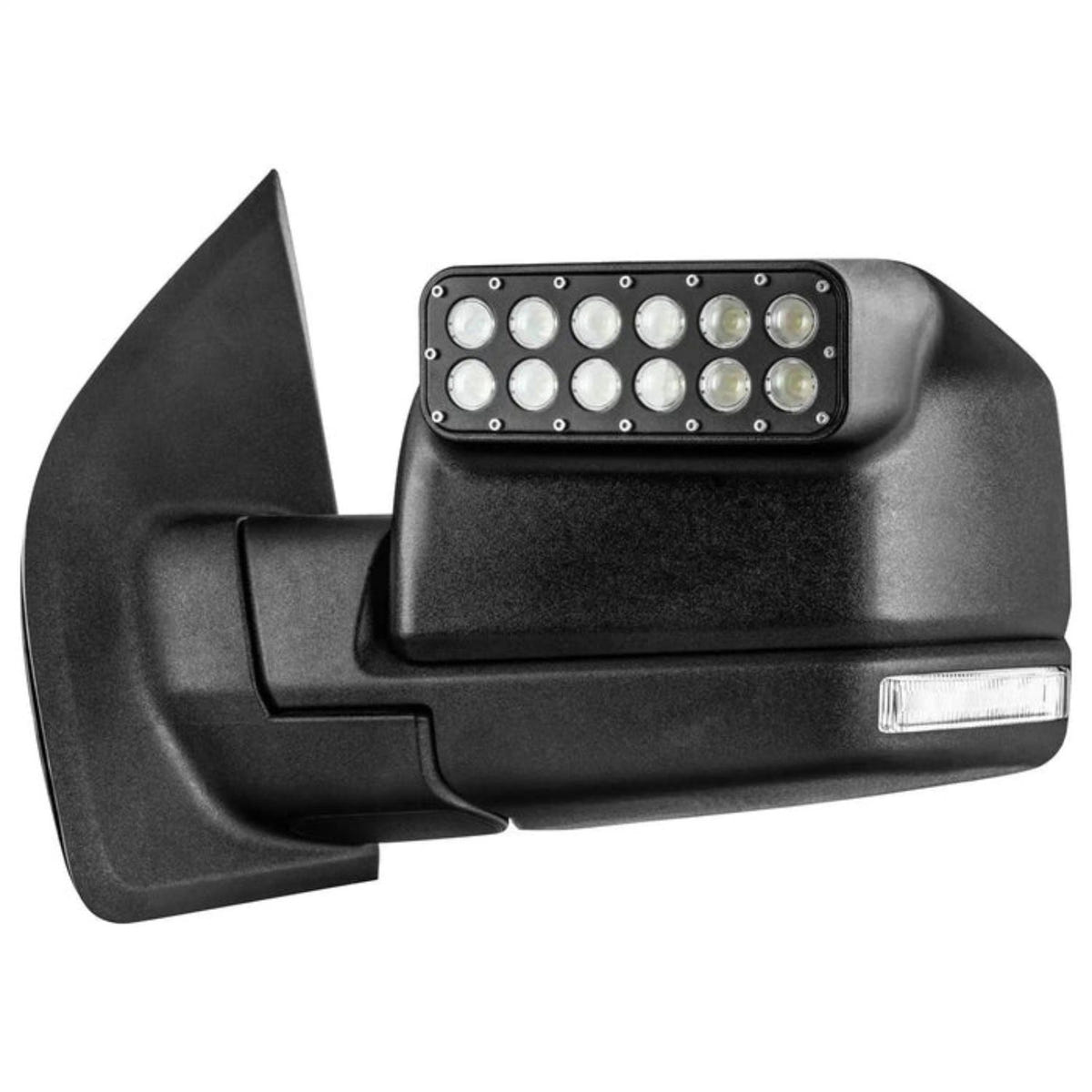 Close-up of LED mirror light bar integrated into F-150 factory-style mirror