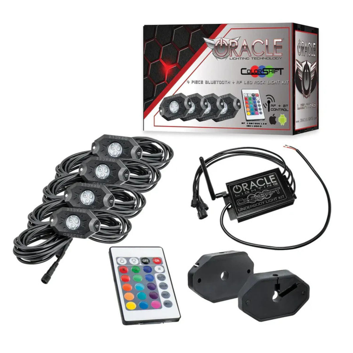 RGB rock light kit with Cree LEDs and waterproof aluminum housing installed on off-road truck underbody