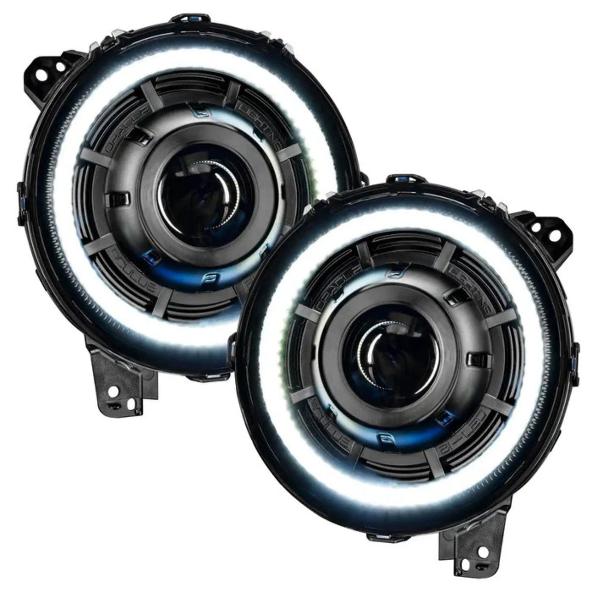 ORACLE Oculus Bi-LED headlights installed on Jeep Wrangler JL showing bright white DRL halo