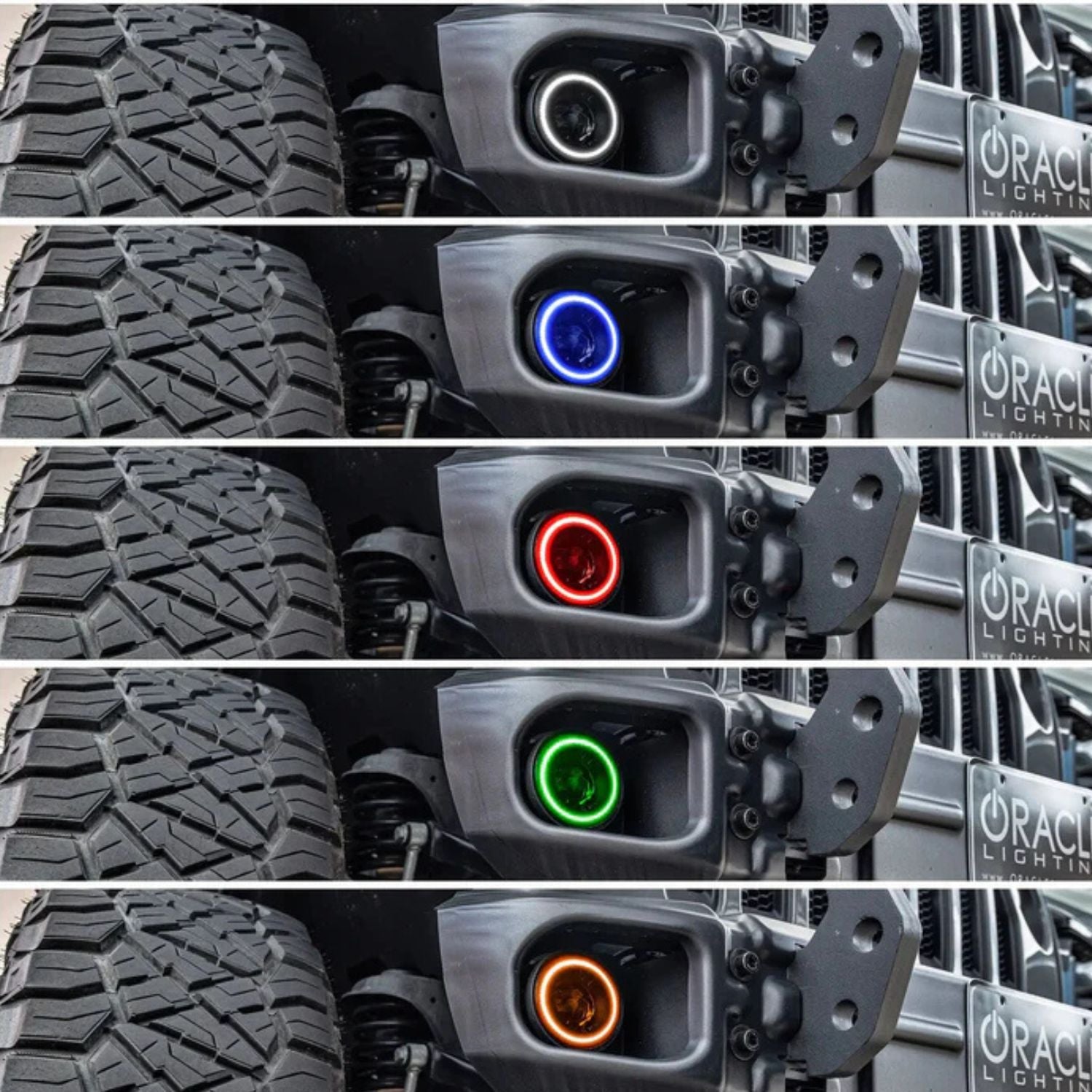 Oracle LED ColorSHIFT fog lights Jeep Wrangler JL and Gladiator JL installed front view bright output