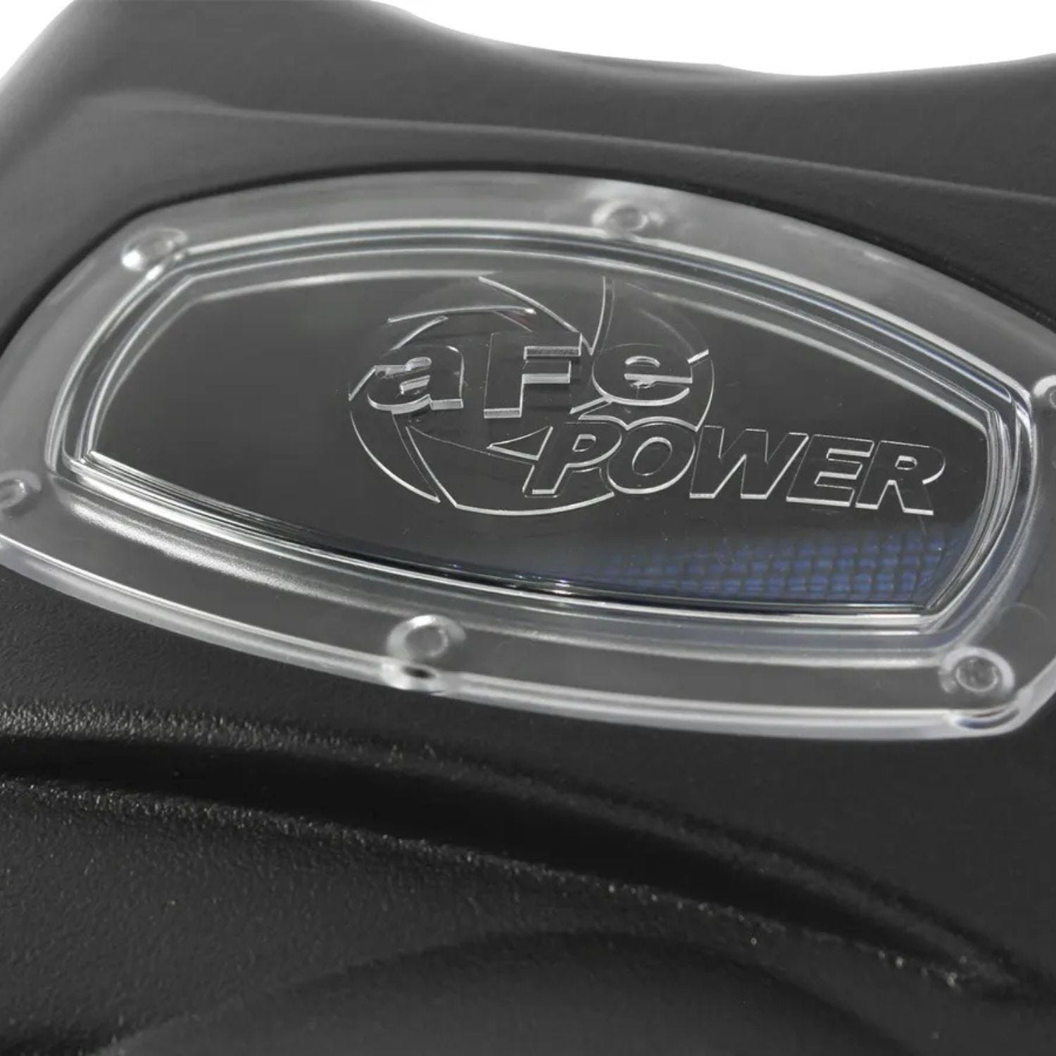 Close-up of aFe Momentum clear air intake window showing sealed intake and airflow