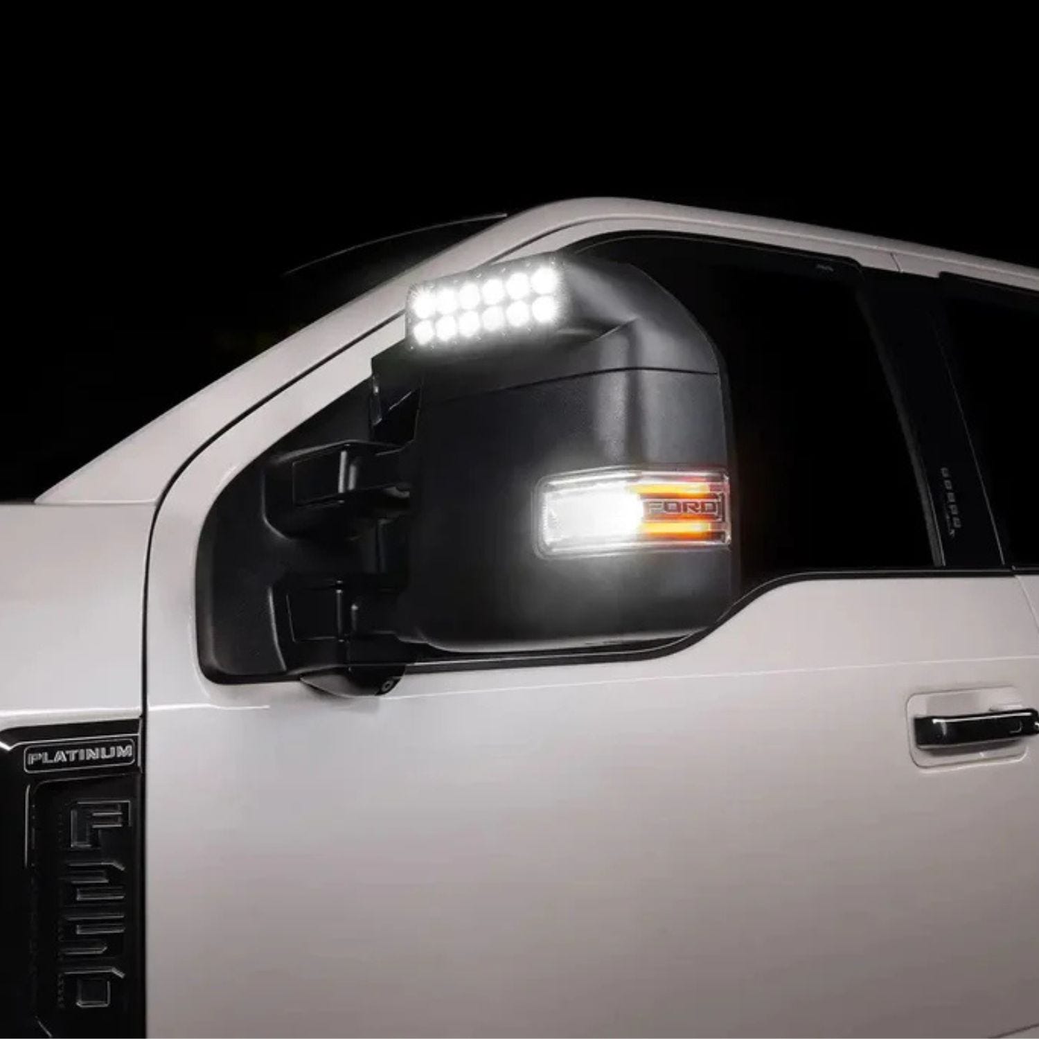 ORACLE LED ditch lights mounted on Super Duty side mirrors, trail ready