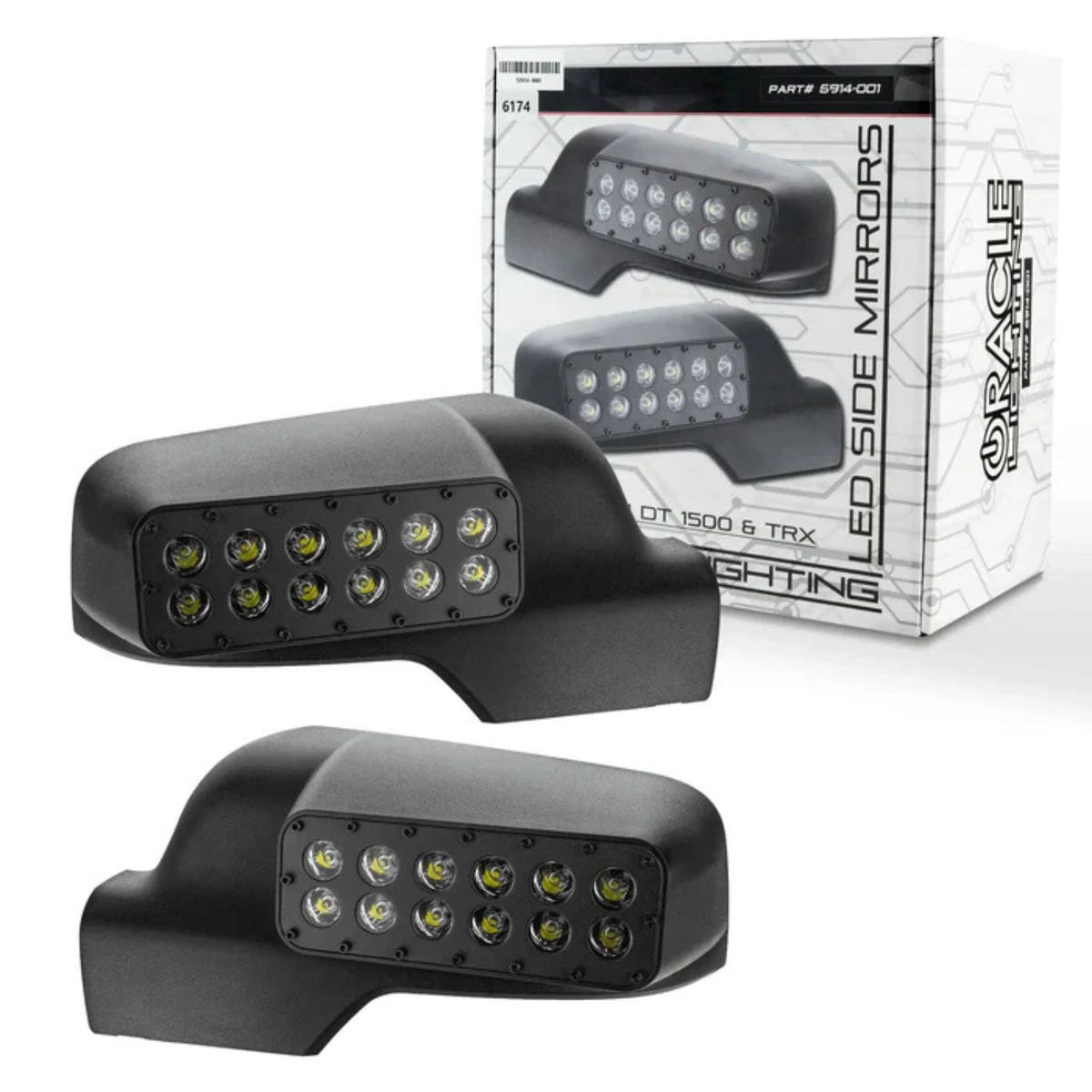 Ram 1500 mirror-integrated LED ditch lights turned on for nighttime trail lighting effect