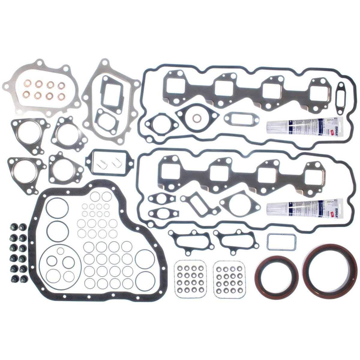 Engine gasket set with various gaskets and seals on a white background