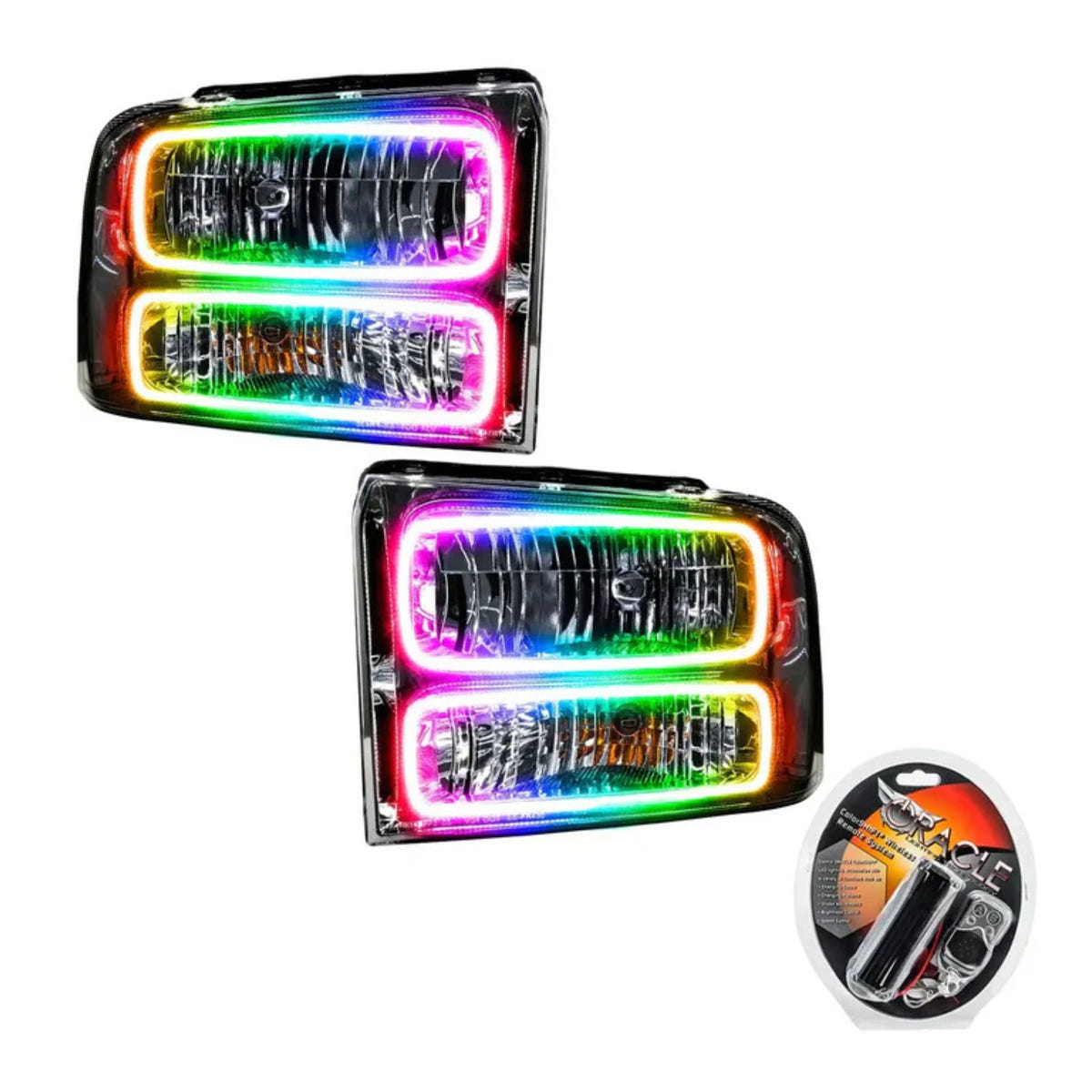 Ford Super Duty 05-07 chrome headlights ORACLE ColorSHIFT halos RF controller included