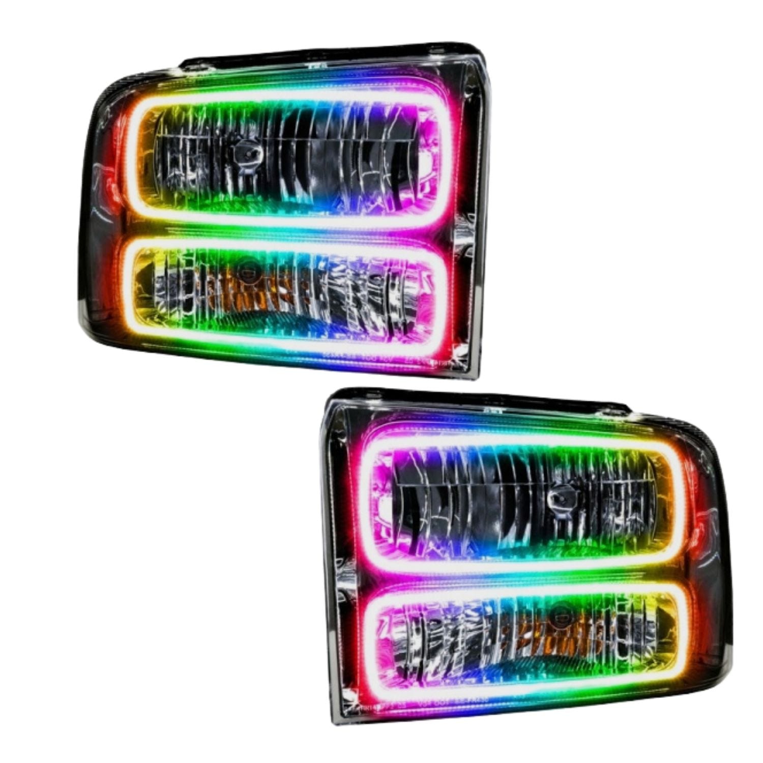 Ford Super Duty chrome headlights 2005-2007 with ORACLE ColorSHIFT halos no controller