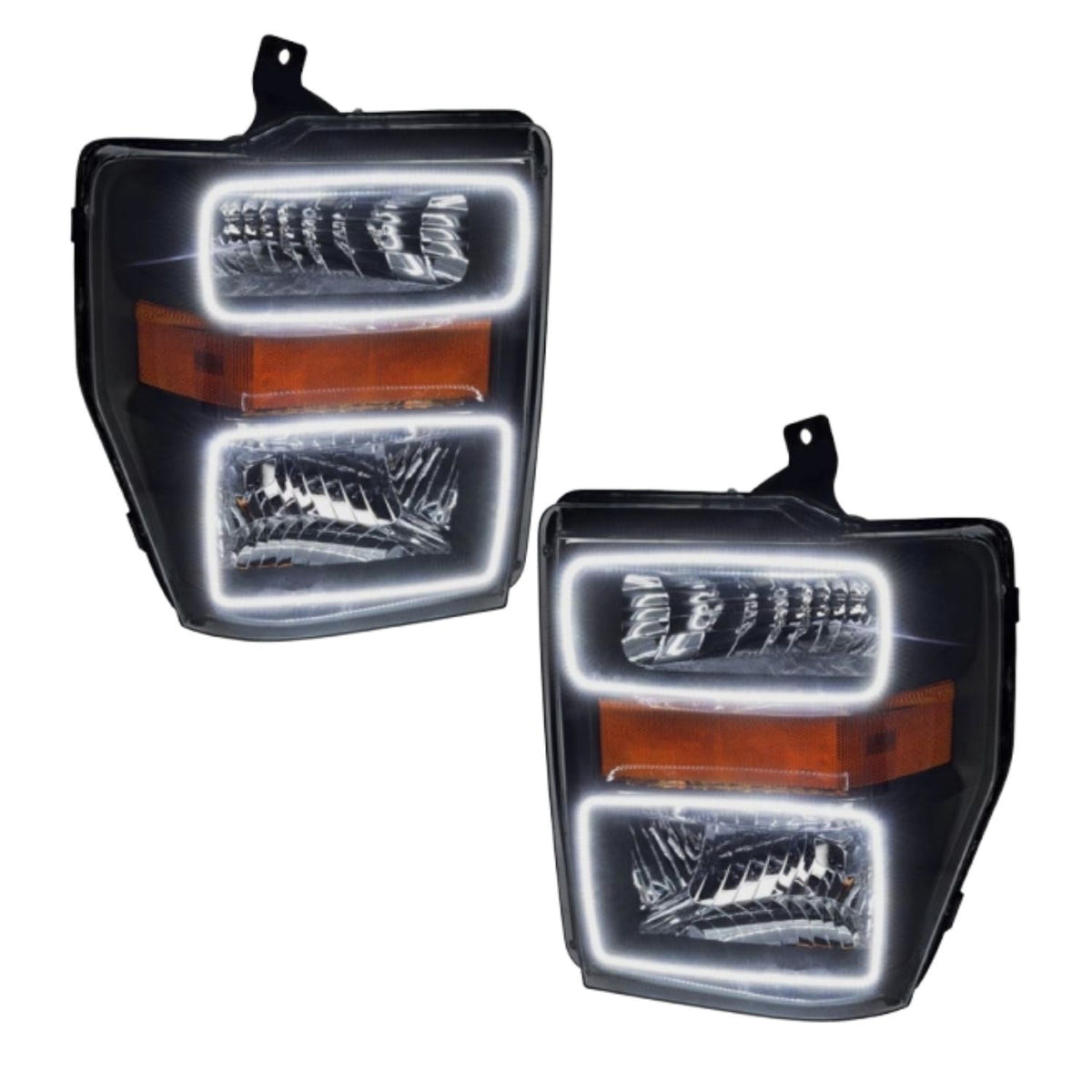 OEM style Ford Super Duty Halo headlights with white ORACLE lighting, factory fit black housingColorSHIFT