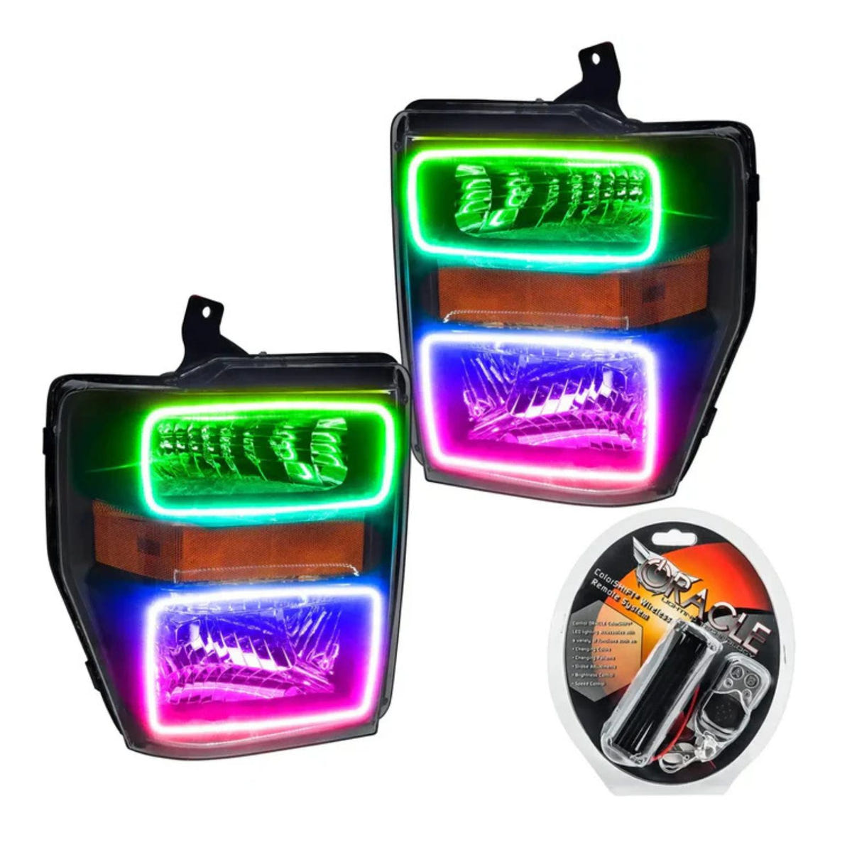 Super Duty ORACLE Halo headlights with ColorSHIFT lighting and simple controller