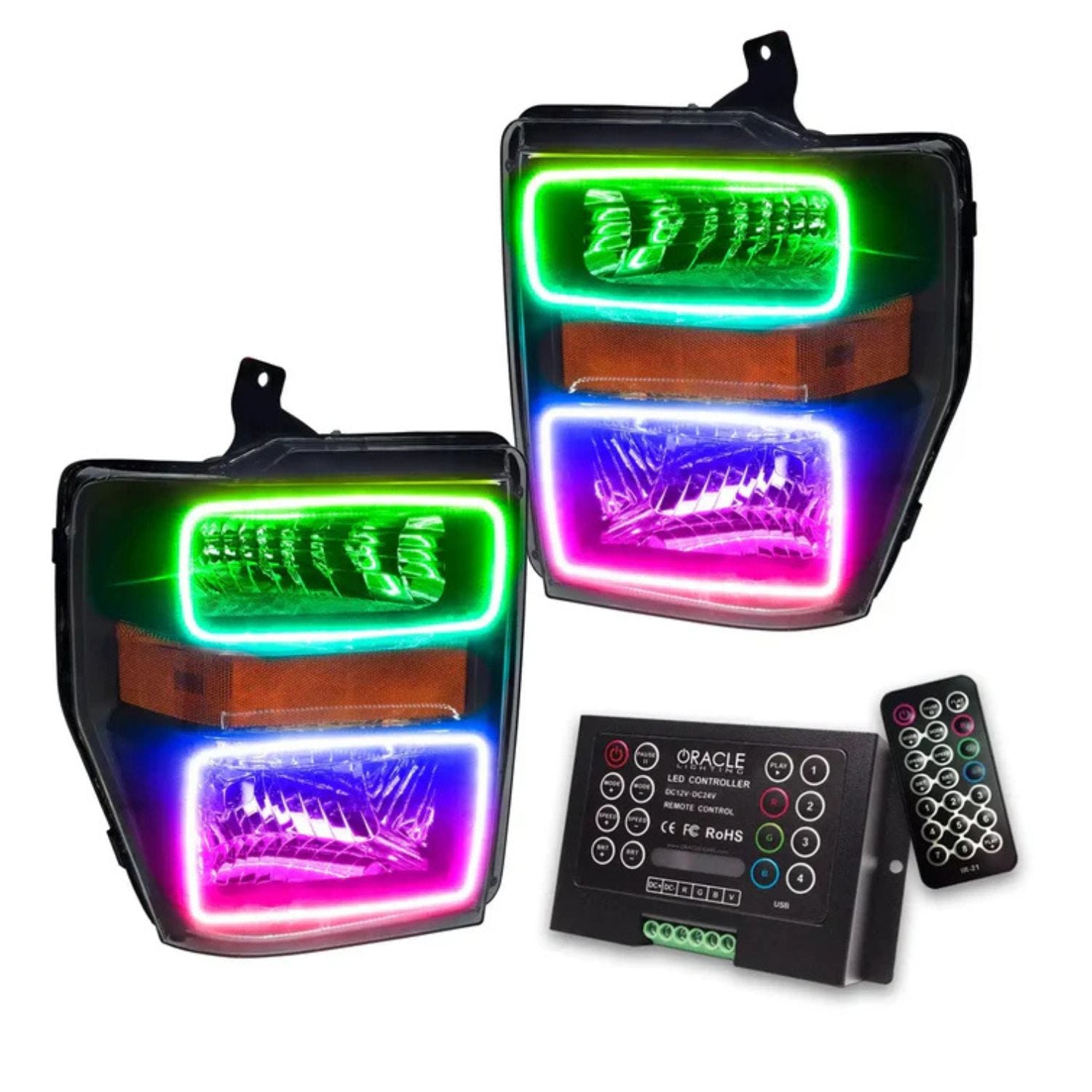 Ford Super Duty custom Halo headlights with ORACLE ColorSHIFT RF controller 