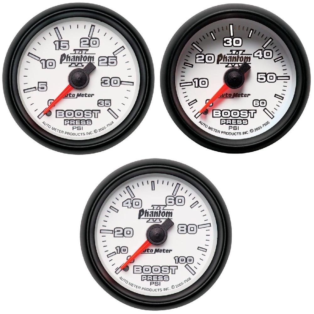 Auto Meter 2-1 and 16" Phantom II Boost Gauge 0-35 PSI either 0-60 PSI either 0-100 PSI