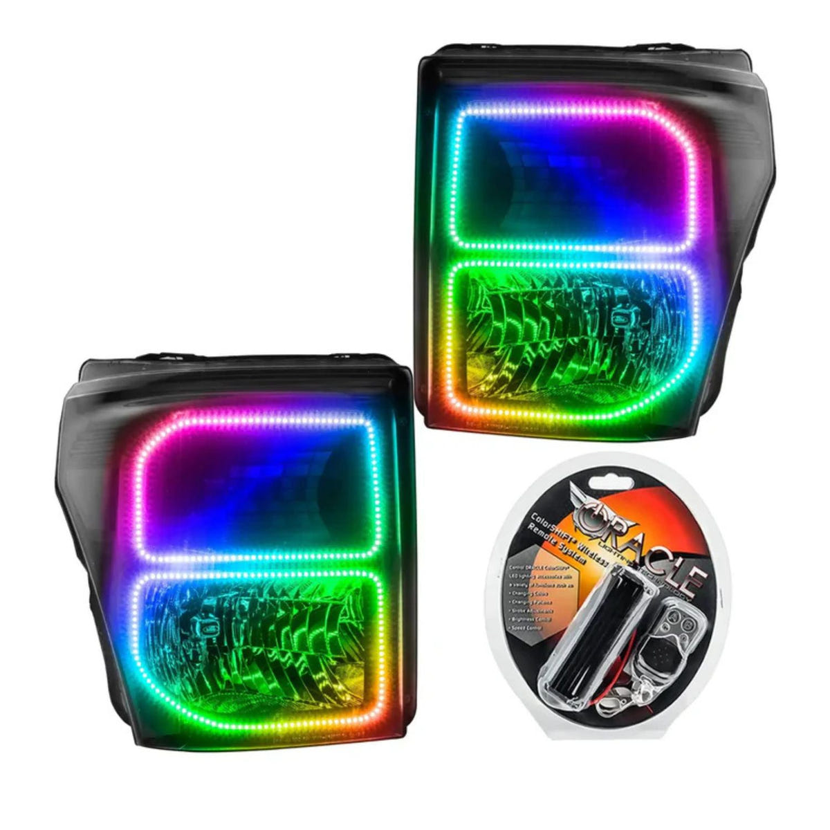 Oracle OEM black headlights w ColorSHIFT halos RF controller Ford Super Duty 2011-16