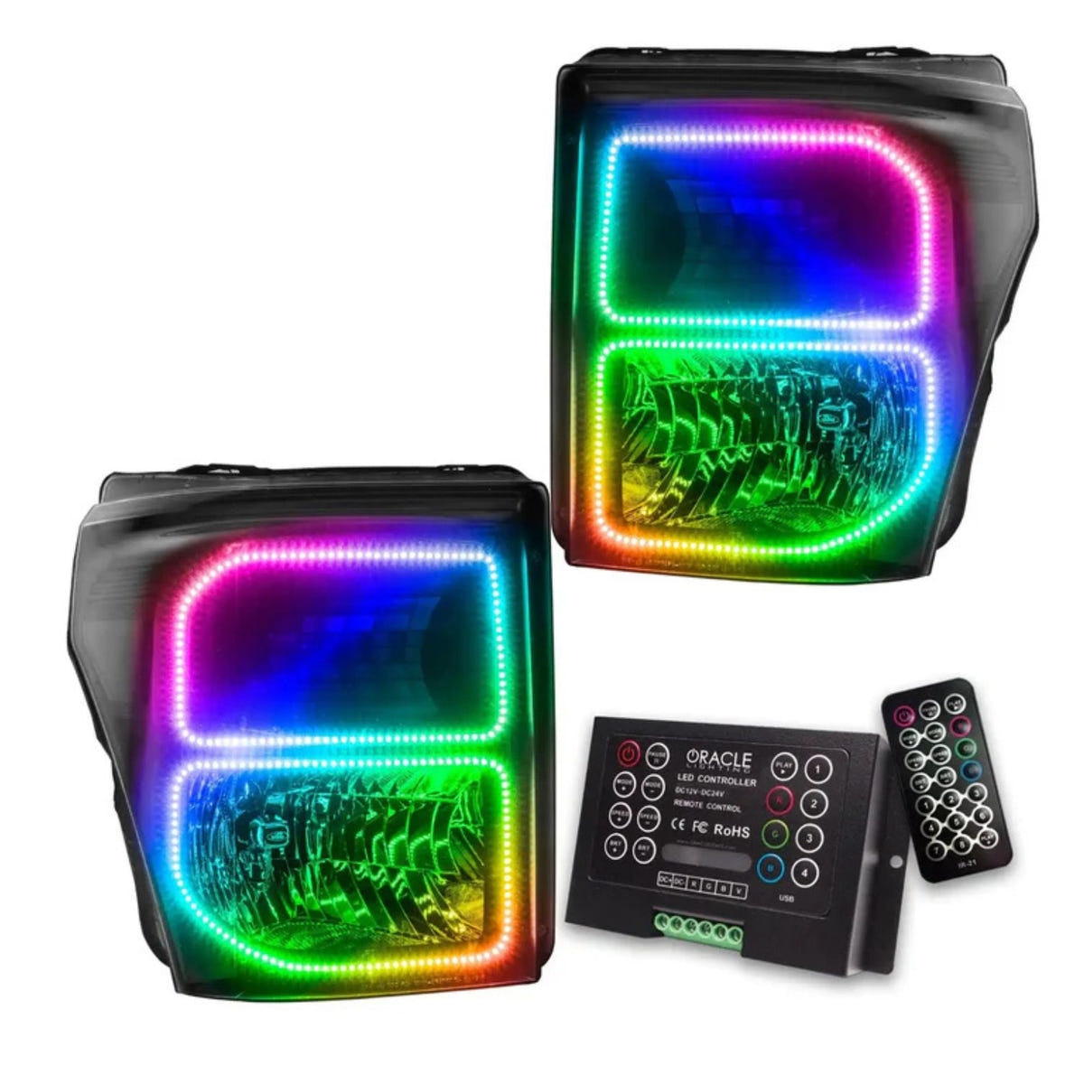 Oracle OEM black headlights w ColorSHIFT halos 2.0 controller Ford Super Duty 2011-16