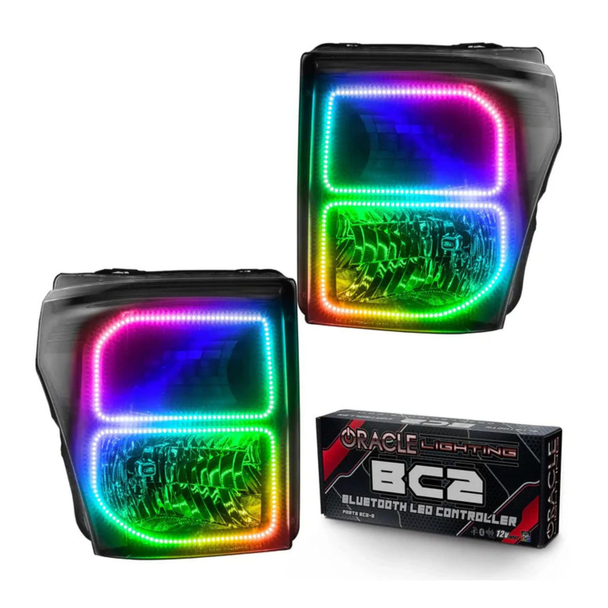 Oracle OEM black headlights w ColorSHIFT halos BC2 controller Ford Super Duty 2011-16