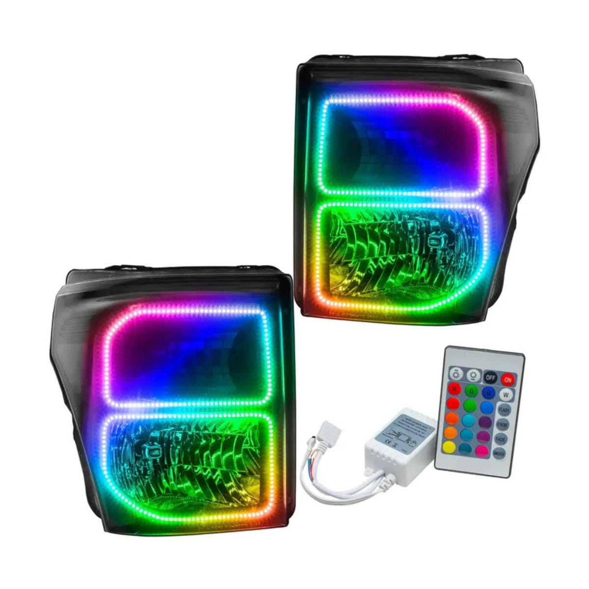 Oracle OEM black headlights w ColorSHIFT halos simple controller Ford Super Duty 2011-16