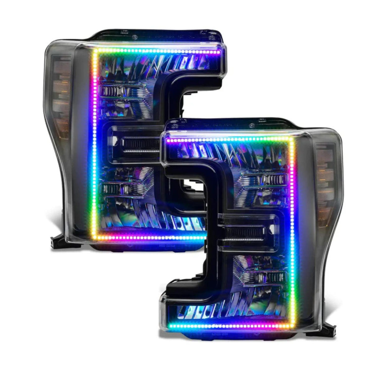 Ford F-350 Super Duty aftermarket headlights with RGB ColorSHIFT halos