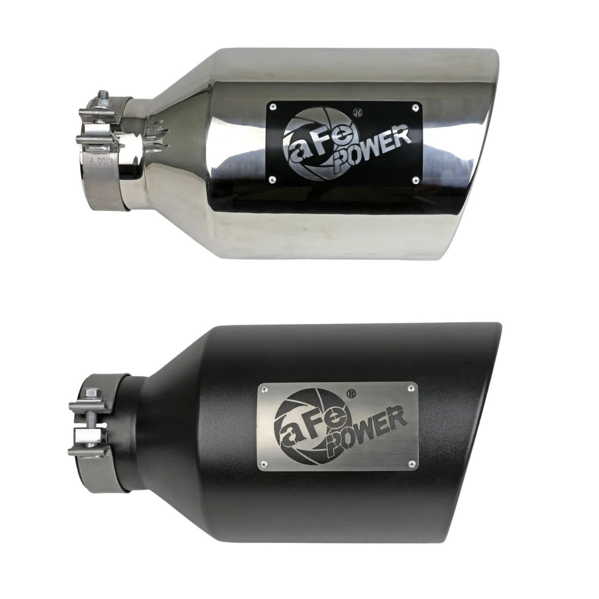MACH Force-XP 4 inch black and polished stainless steel exhaust tip installed on diesel 