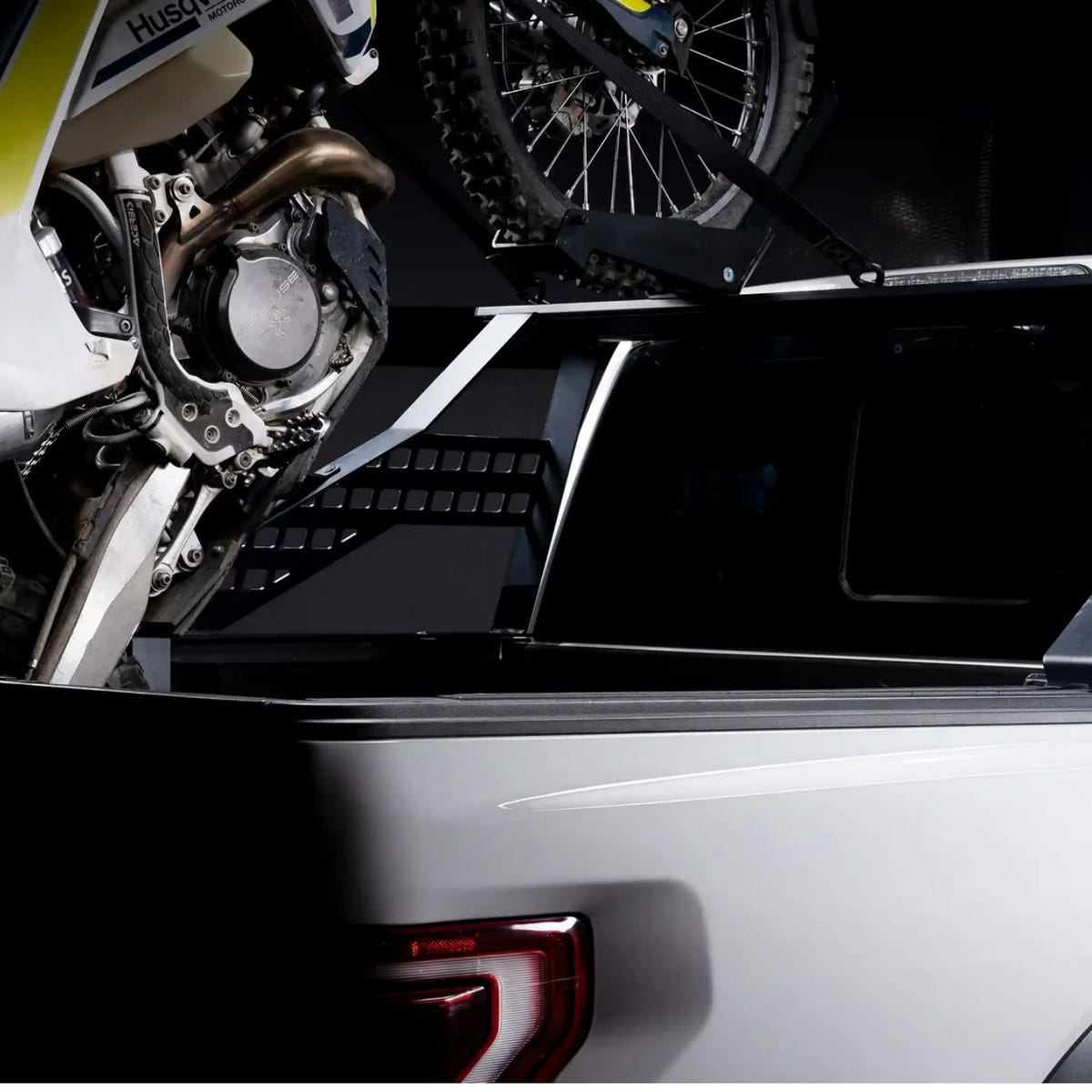 Big Days universal bed rack with motorcycle mount and tie-down points