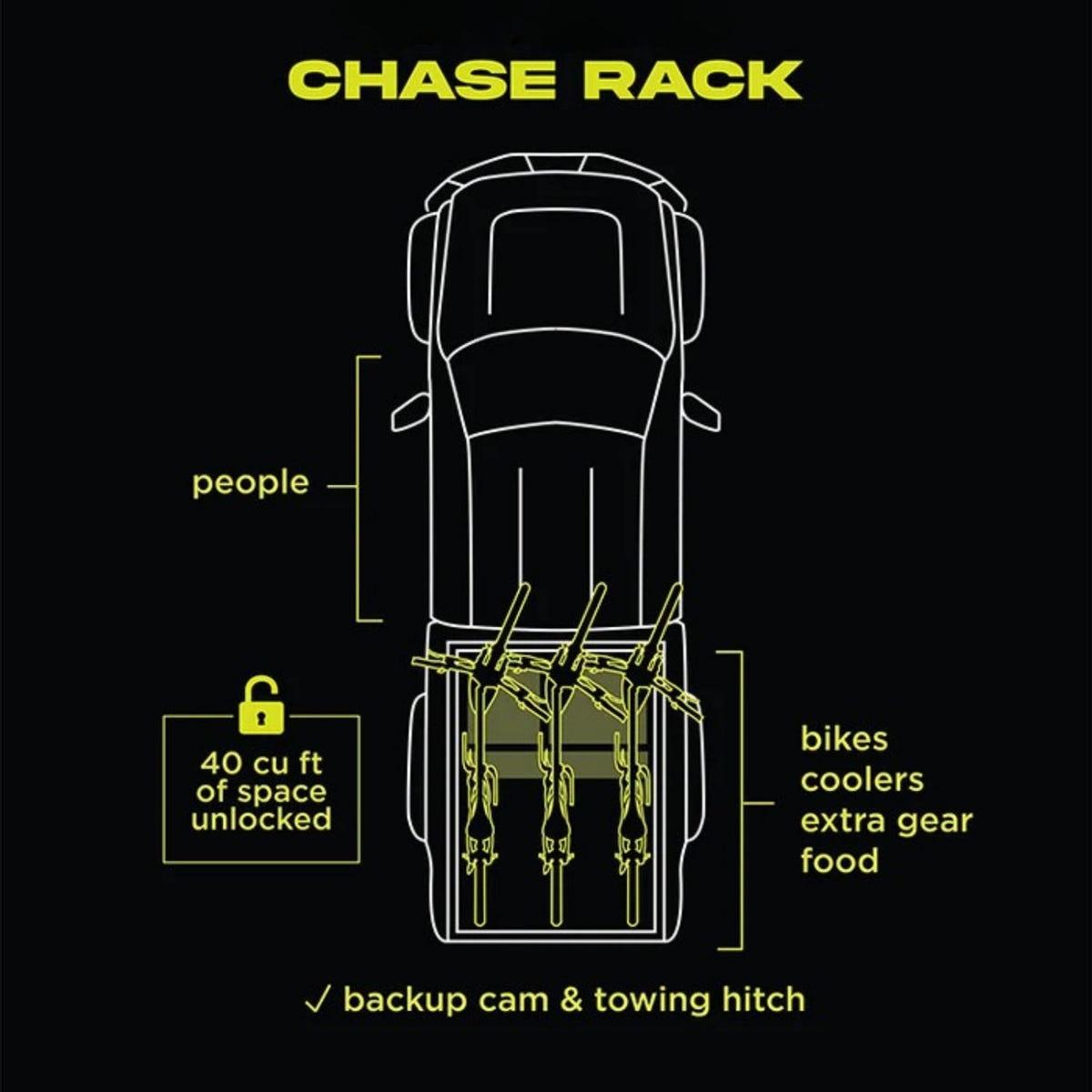 Pickup truck chase rack with elevated bike mounts and open bed storage