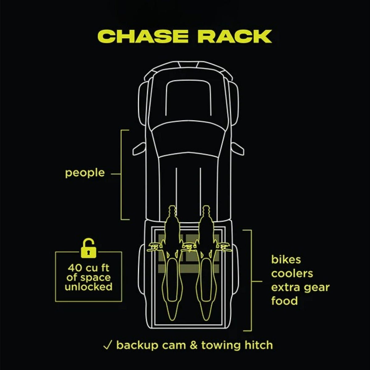Truck bed chase rack designed for off-road motorcycle transport and gear storage
