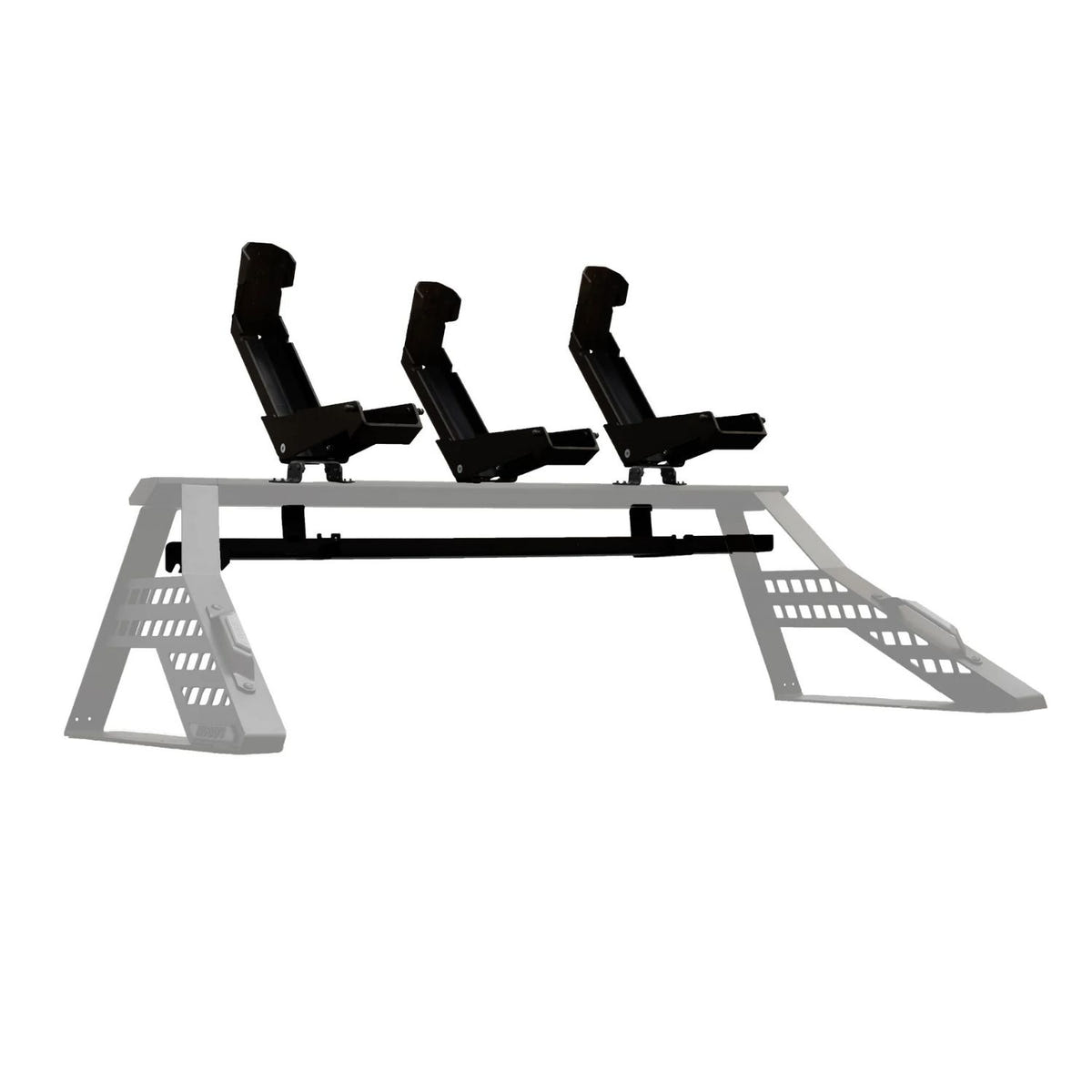 Universal truck bed motorcycle rack carrying dirt bikes above truck bed