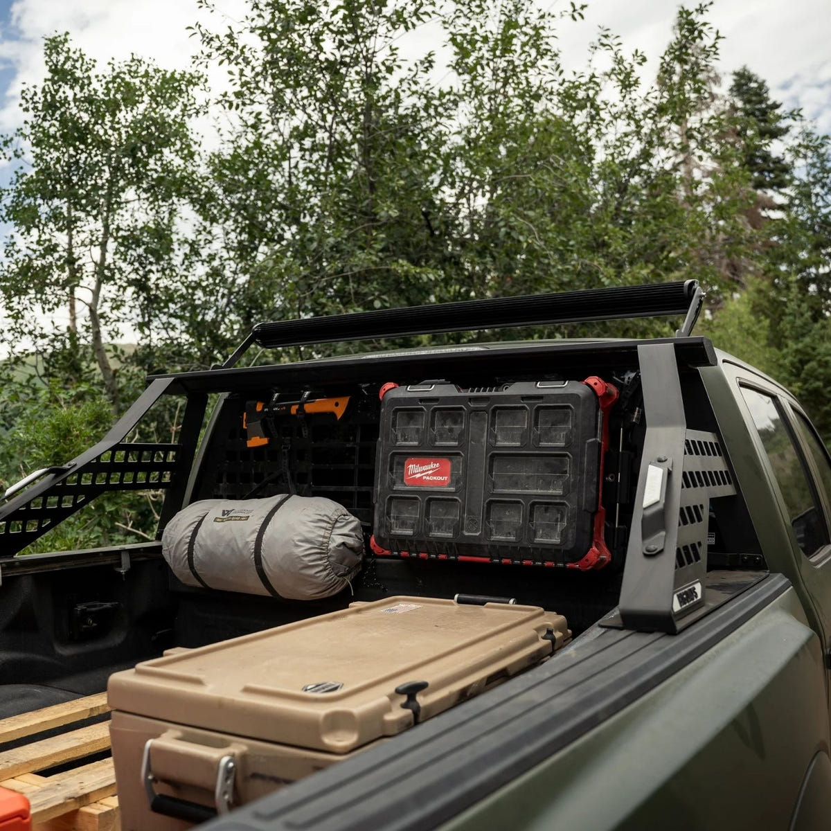 Universal Chase Rack System with Headache Rack, Heretic LED light bar, and Hi-Lift jack mount