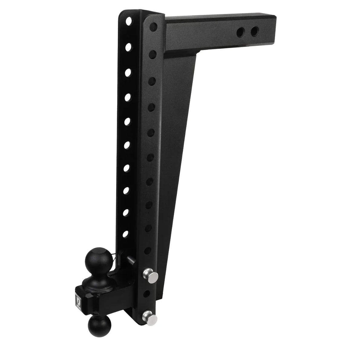 A black metal hitch adapter with a ball mount, featuring a vertical slotted arm and a horizontal mounting bracket, shown on a plain white background.