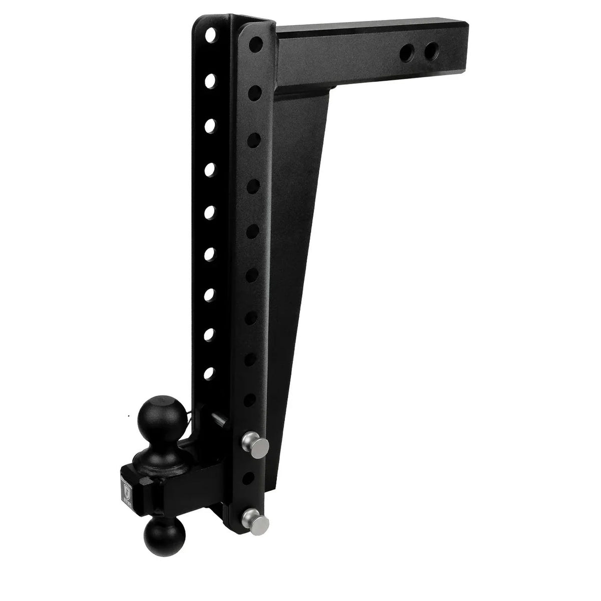 A black metal hitch adapter with a ball hitch mount, featuring silver bolts and black ball mounts, shown on a solid white background.