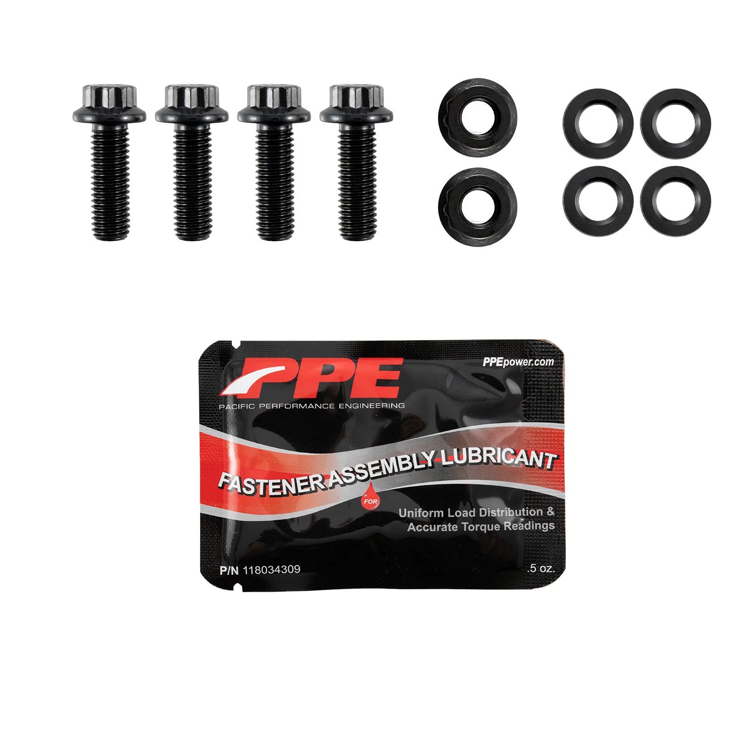 Packaging of PPE Fastener Assembly Lubricant with screws and washers on a white background