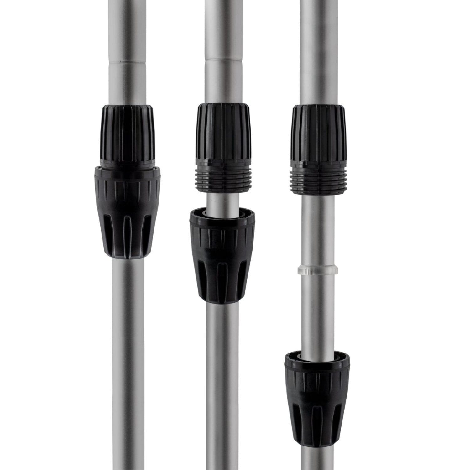 Three telescopic poles with black connectors on a white background
