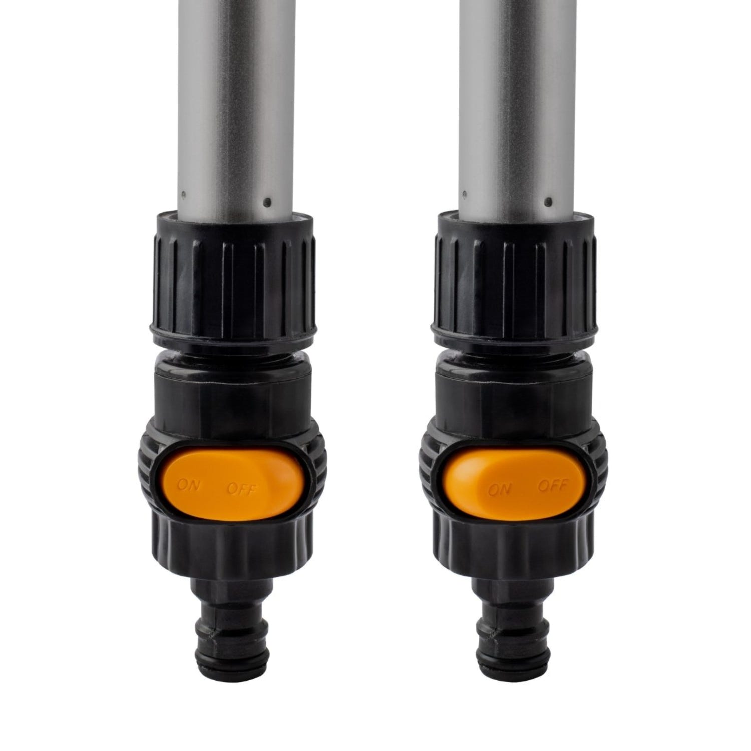Two brush nozzles with black bodies and orange nozzles on a white background