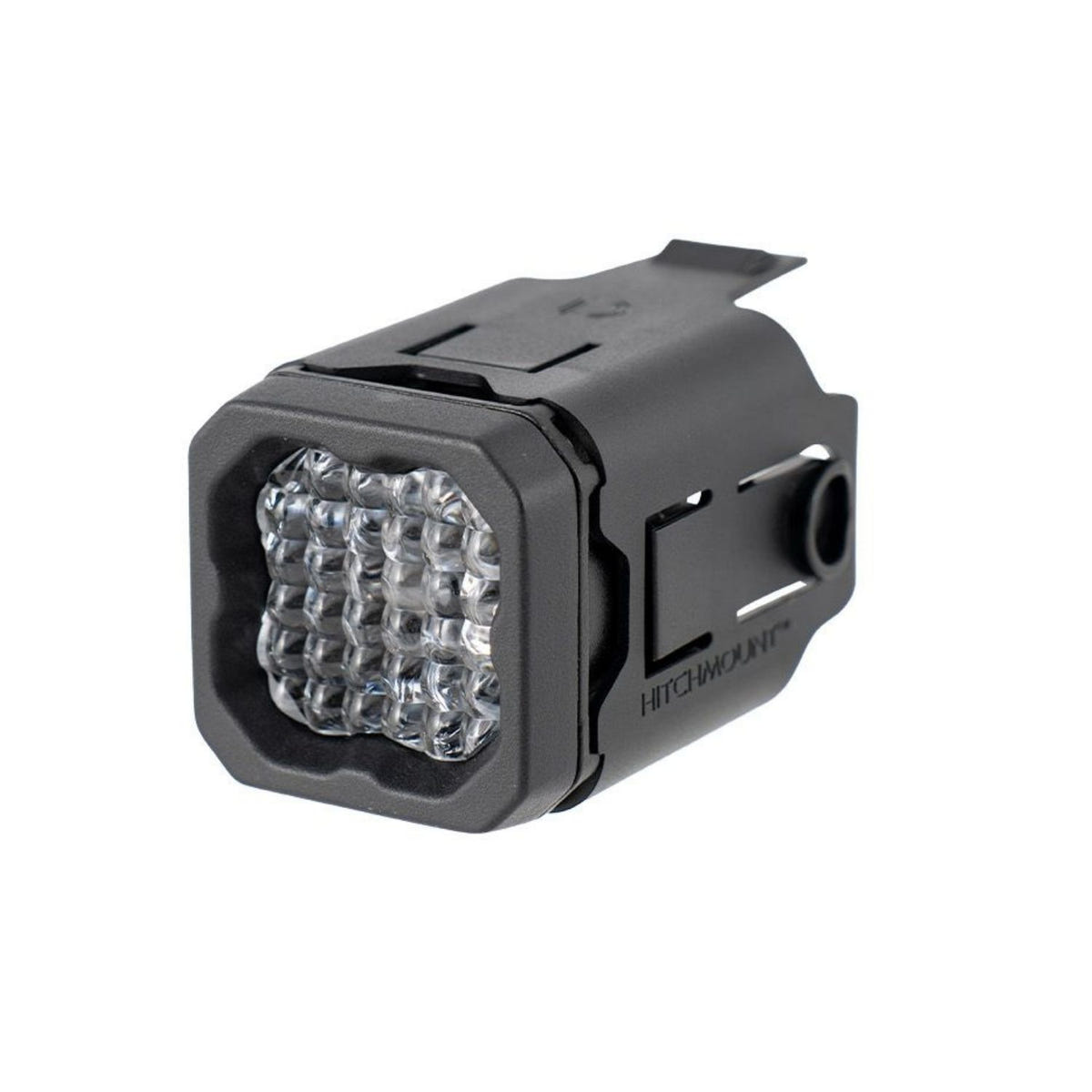 Rear view of Diode Dynamics HitchMount LED Pod in Silverado trailer hitch receiver
