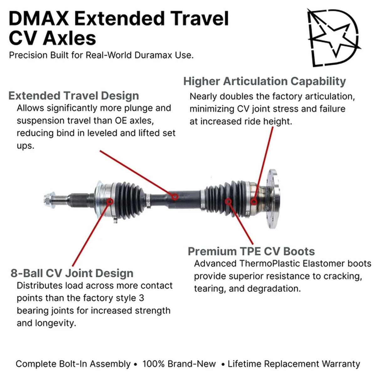 DMAX Extended Travel Front CV Axle Assembly 15-19 GM 6.6L Duramax LML/L5P