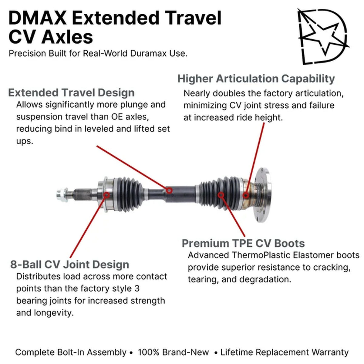 DMAX Extended Travel Front CV Axle Assembly 11-14 GM 6.6L Duramax LML