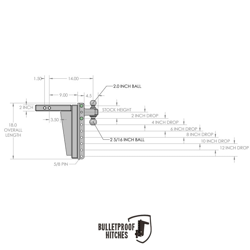 Bulletproof Hitch 2.0" Shank Extreme Duty 12" Drop and Rise Hitch