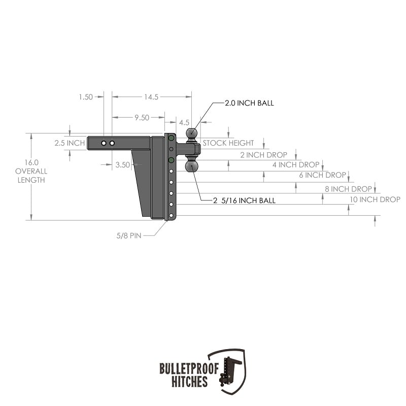 Bulletproof Hitch 2.5" Shank Extreme Duty 10" Drop and Rise Hitch
