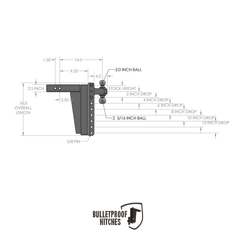 Bulletproof Hitch 2.5" Shank Extreme Duty 12" Drop and Rise Hitch