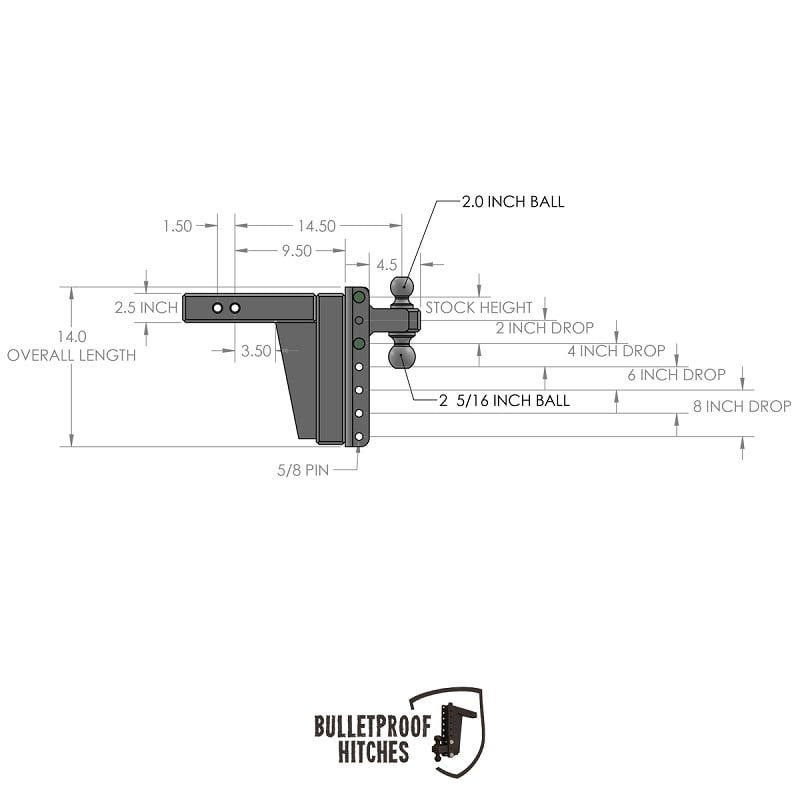 Bulletproof Hitch 2.5" Shank Extreme Duty 8" Drop and Rise Hitch