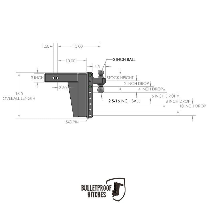 Bulletproof Hitch 3.0" Shank Extreme Duty 10" Drop and Rise Hitch