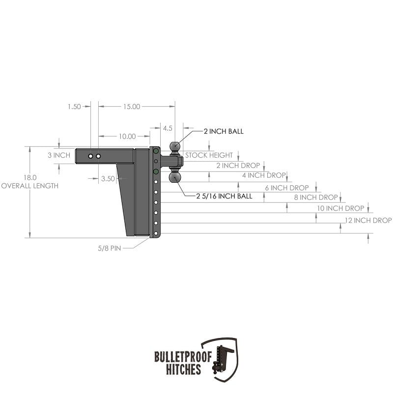 Bulletproof Hitch 3.0" Shank Extreme Duty 12" Drop and Rise Hitch