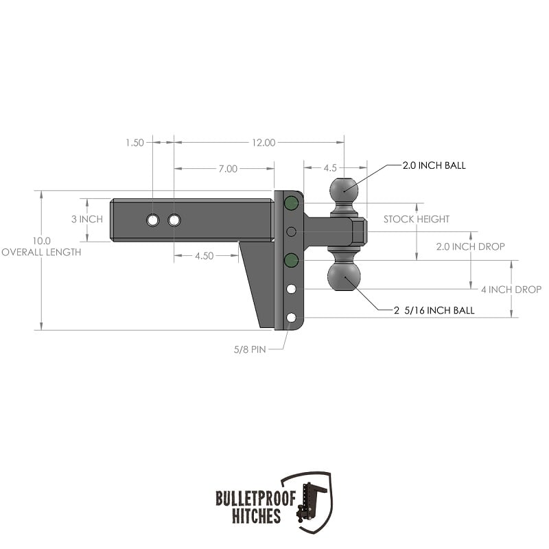 Bulletproof Hitch 3.0" Shank Extreme Duty 4" Drop and Rise Hitch