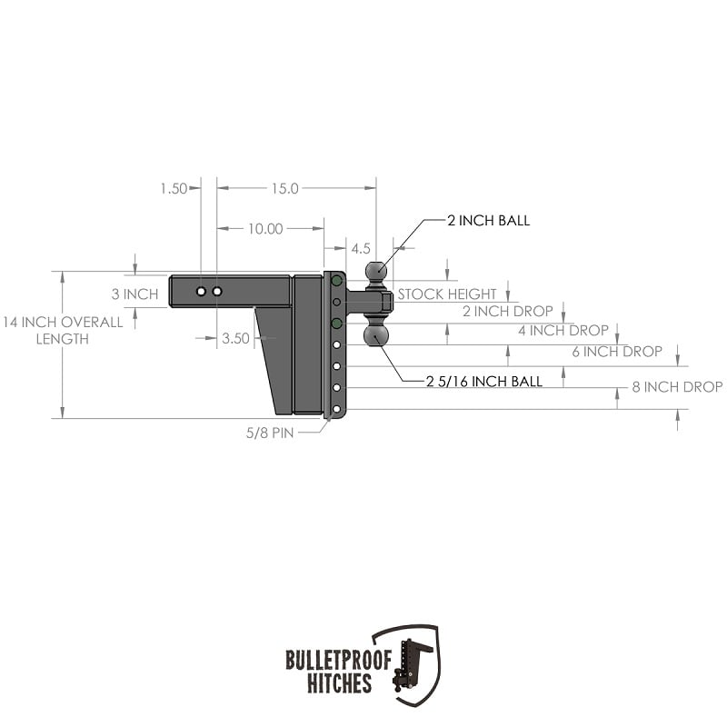 Bulletproof Hitch 3.0" Shank Extreme Duty 8" Drop and Rise Hitch